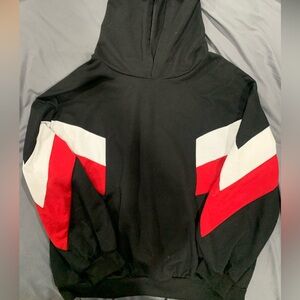Black hoodie with red and white stripes